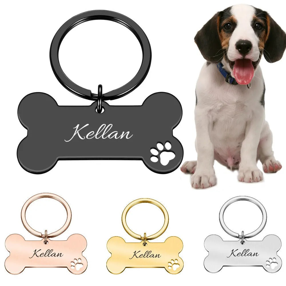 Stainless Steel Dog Pet ID Tag Name -Dog Bones with Paw Print