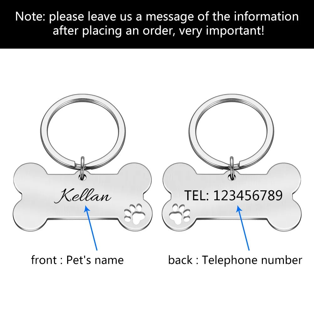 Stainless Steel Dog Pet ID Tag Name -Dog Bones with Paw Print