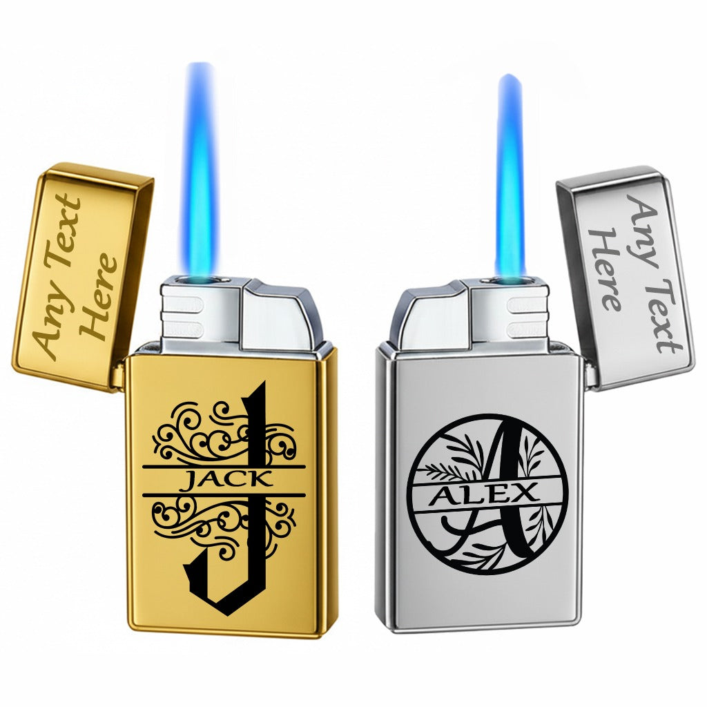 Personalised Name Text Engraved Lighter Silver & Gold Gift Set for Christmas,Father's Day,Valentines Day Dad or Grandad (Flame Gas Lighter)