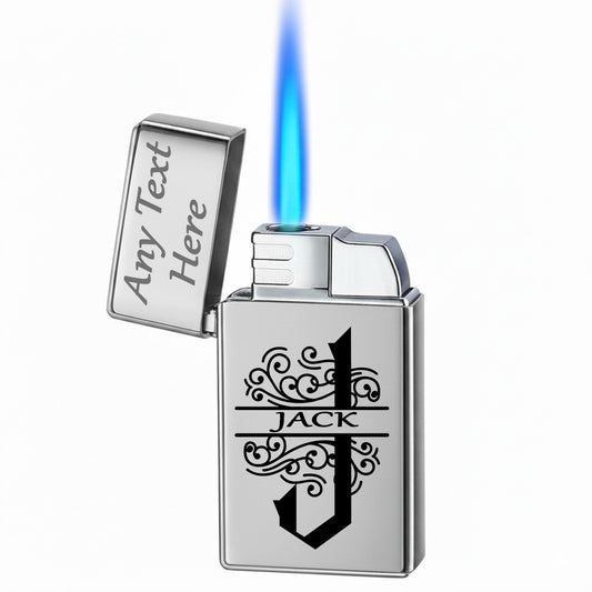Personalised Name Text Engraved Lighter Silver & Gold Gift Set for Christmas,Father's Day,Valentines Day Dad or Grandad (Flame Gas Lighter)