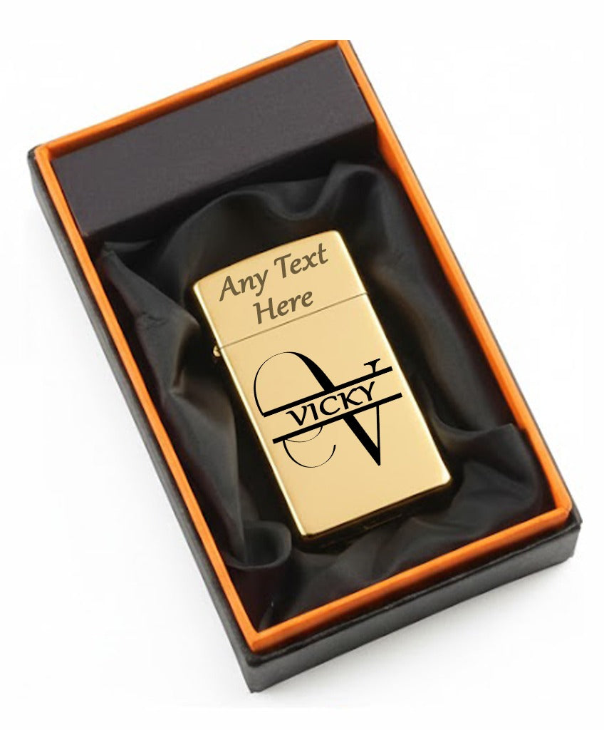 Personalised Name Text Engraved Lighter Silver & Gold Gift Set for Christmas,Father's Day,Valentines Day Dad or Grandad (Flame Gas Lighter)