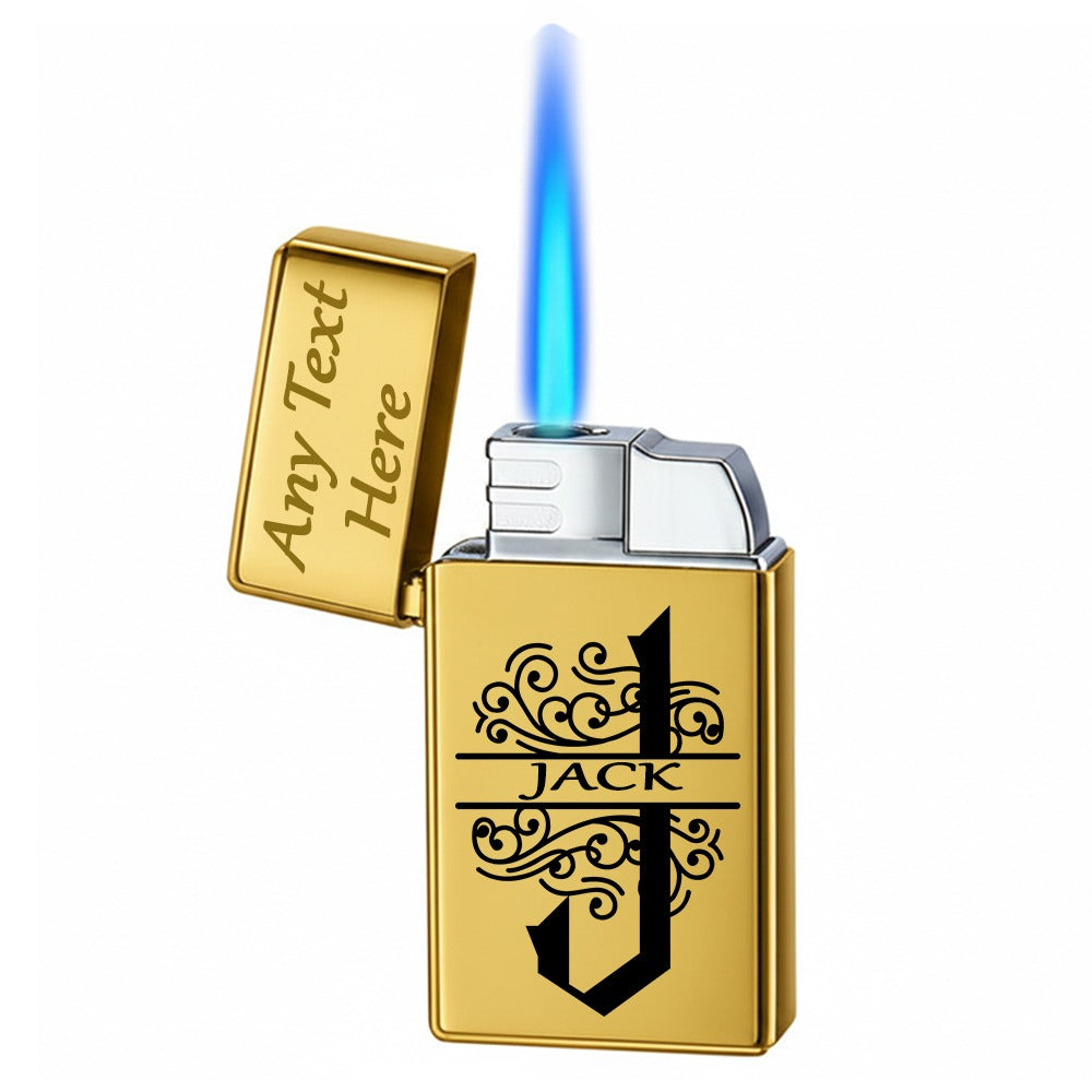 Personalised Name Text Engraved Lighter Silver & Gold Gift Set for Christmas,Father's Day,Valentines Day Dad or Grandad (Flame Gas Lighter)