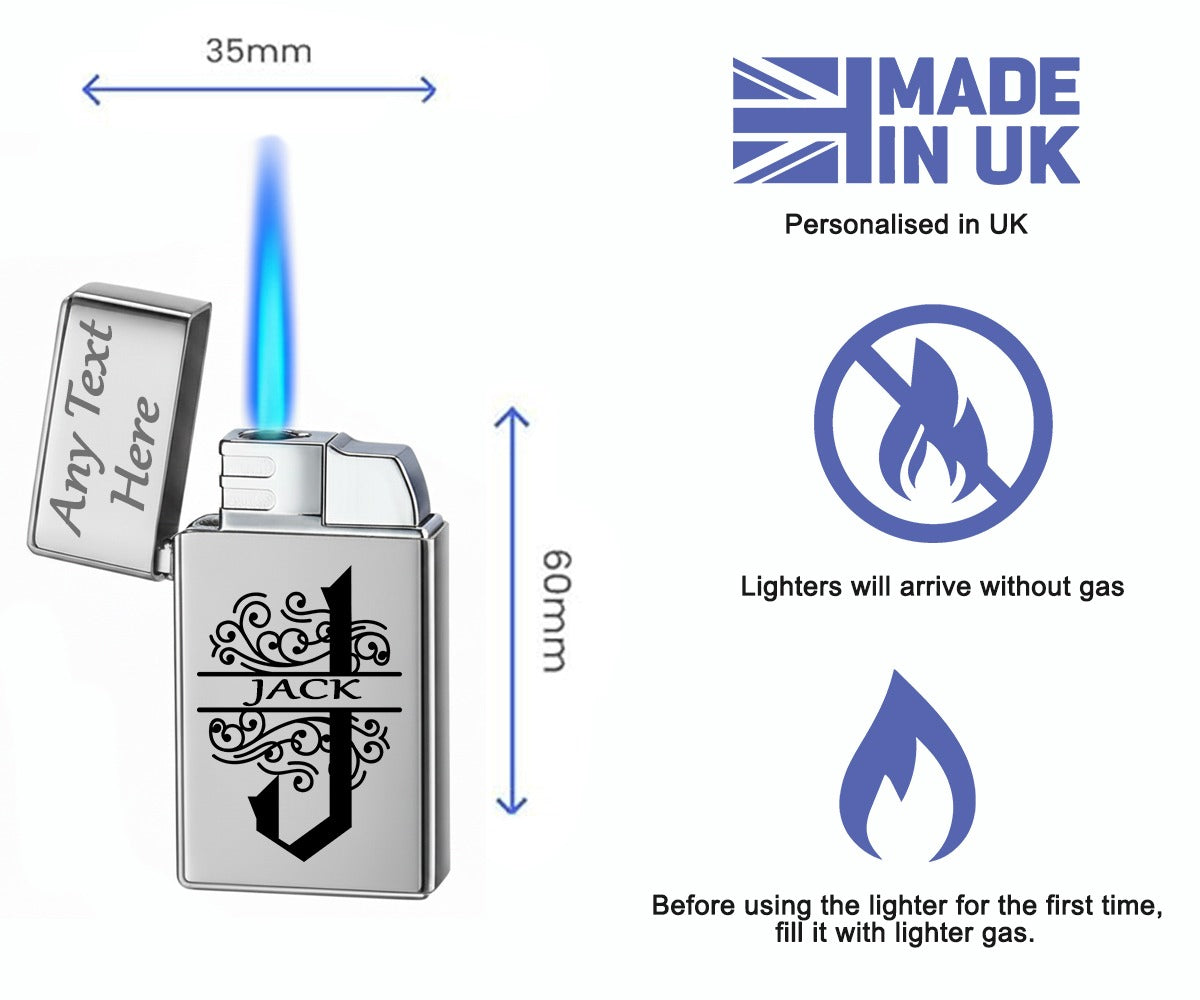 Personalised Name Text Engraved Lighter Silver & Gold Gift Set for Christmas,Father's Day,Valentines Day Dad or Grandad (Flame Gas Lighter)